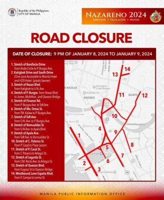 Claire Bernadette Mondares - Manila roads to close for Traslacion 2024 - manilatimes.net - Philippines - city Manila, Philippines