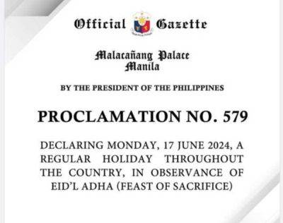 Ferdinand Marcos-Junior - CATHERINE S VALENTE - Lucas Bersamin - Marcos declares June 17 a holiday for Eid'l Adha - manilatimes.net - Philippines