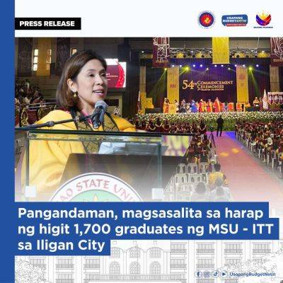 Pangandaman, magsasalita sa harap ng higit 1,700 graduates ng MSU - ITT sa Iligan City - dbm.gov.ph - city Iligan