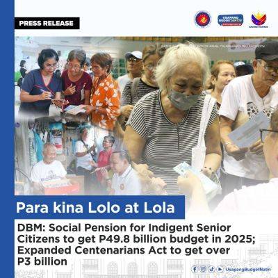 DBM: Social Pension for Indigent Senior Citizens to get P49.8 billion budget in 2025; Expanded Centenarians Act to get over P3 billion - dbm.gov.ph