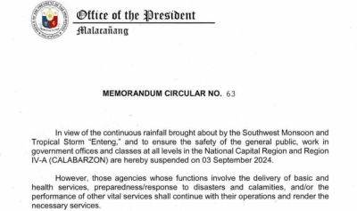 Ferdinand Marcos-Junior - Lucas Bersamin - Kristina Maralit - Palace cancels work, classes on Sept. 3 - manilatimes.net - Philippines - city Manila, Philippines